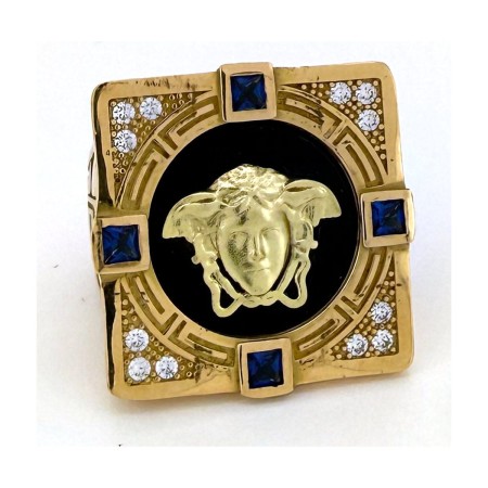 Anillo medusa piedras azules y blancas de oro 18k talla 27